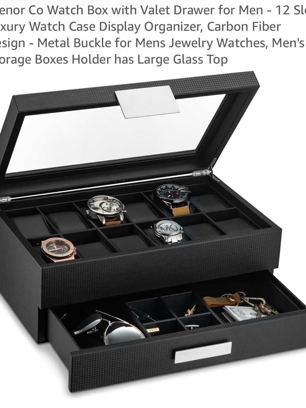 Black Carbon Fiber Watch Case with Valet Drawer for Men